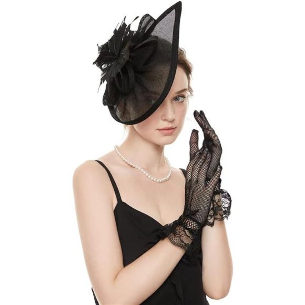 Fascinator Hat Veil Feather Fascinator Tea Party Black Hat&glove - Picture 2 of 6